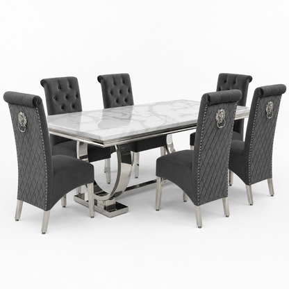 Ariana White Marble Dining Set with Lucy Dark Grey Velvet Chairs - studio