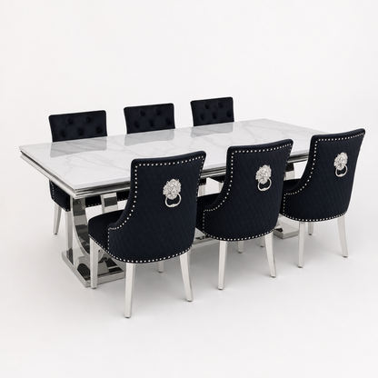 Ariana White Marble Dining Set with Majestic Black Velvet Chairs - studio