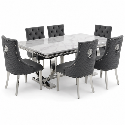 Ariana White Marble Dining Set with Majestic Dark Grey Velvet Chairs - studio