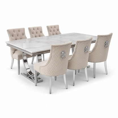 Ariana White Marble Dining Set with Majestic Mink Velvet Chairs - studio