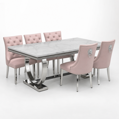 Ariana White Marble Dining Set with Majestic Pink Velvet Chairs - studio