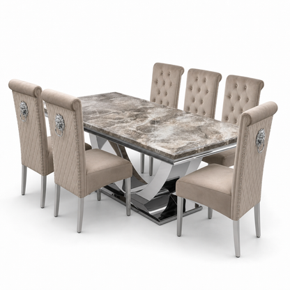 Ariel Beige Marble Dining Set with Lucy Mink Velvet Chairs - studio