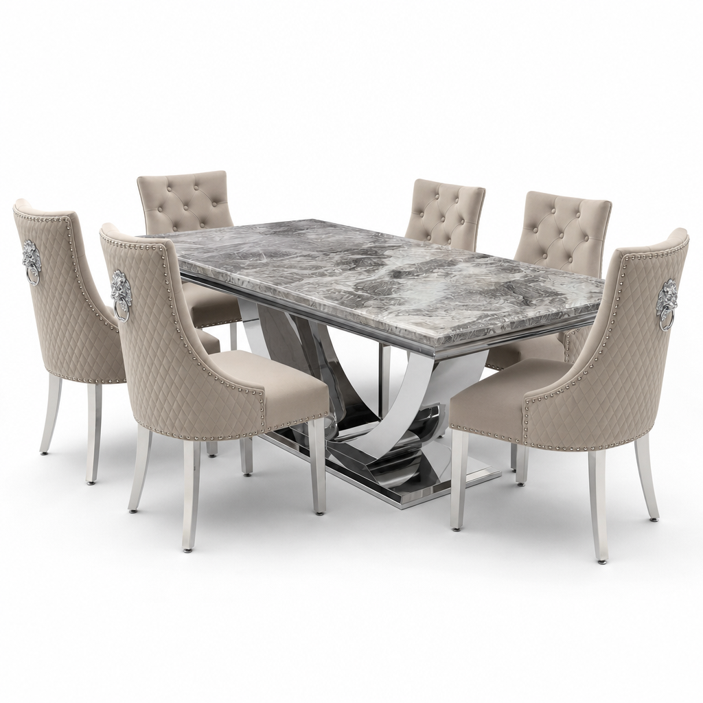 Ariel Beige Marble Dining Set with Majestic Mink Velvet Chairs - studio