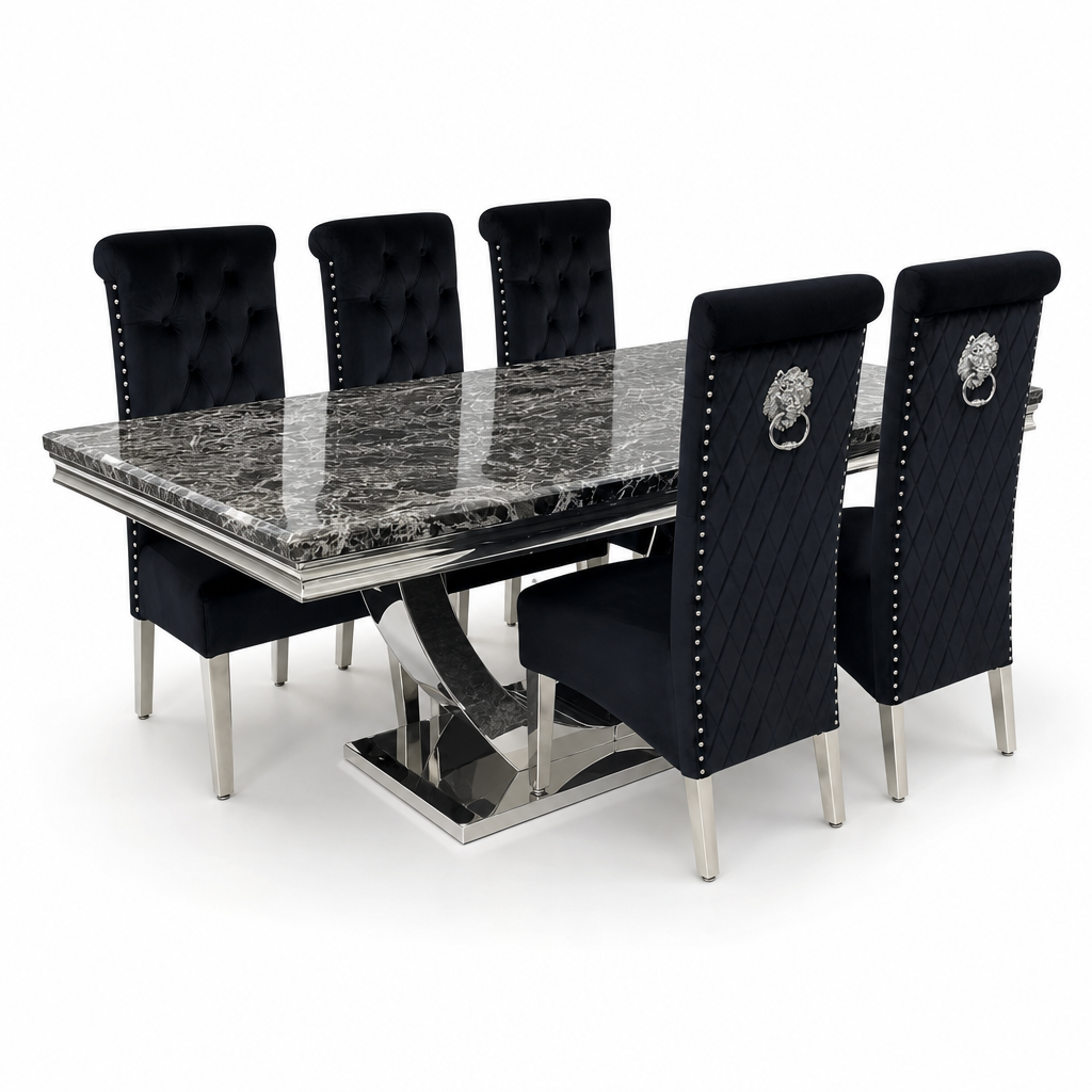 Ariel Black Marble Dining Set with Lucy Black Velvet Chairs - studio