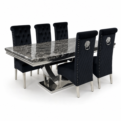 Ariel Black Marble Dining Set with Lucy Black Velvet Chairs - studio