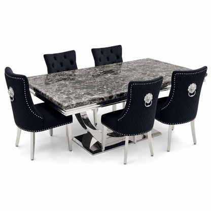 Ariel Black Marble Dining Set with Majestic Black Velvet Chairs - studio