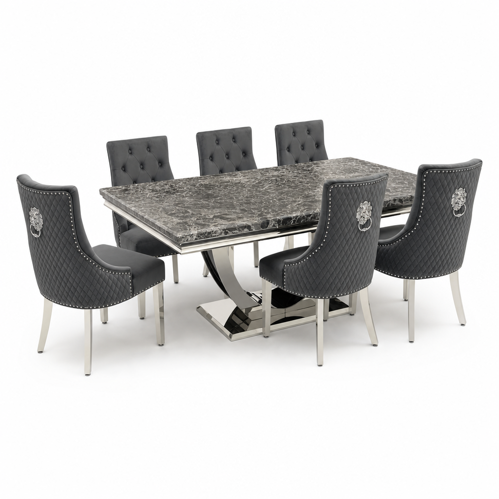 Ariel Black Marble Dining Set with Majestic Dark Grey Velvet Chairs - studio
