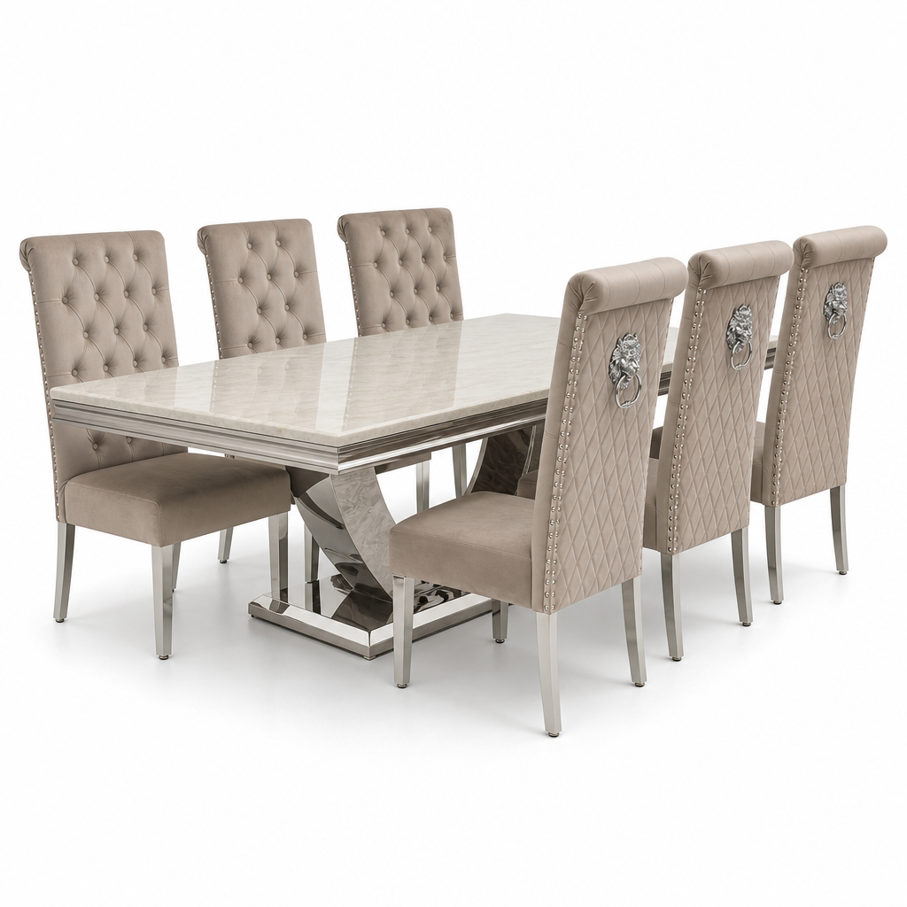 Ariel Cream Marble Dining Set with Lucy Mink Velvet Chairs - studio