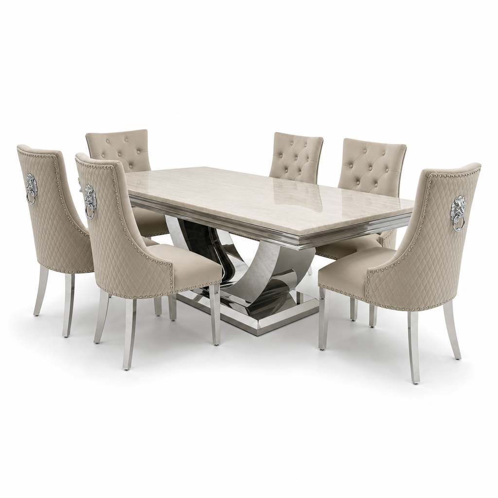 Ariel Cream Marble Dining Set with Majestic Mink Velvet Chairs - studio