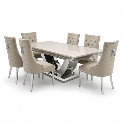 Ariel Cream Marble Dining Set with Majestic Mink Velvet Chairs - studio