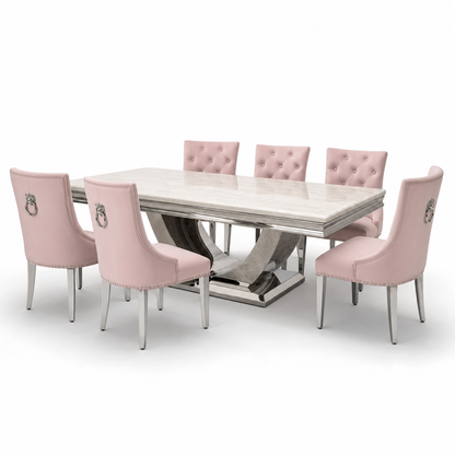 Ariel Cream Marble Dining Set with Majestic Pink Velvet Chairs - studio