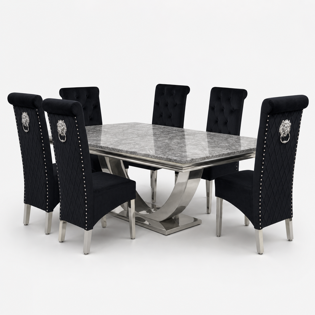 Ariel Grey Marble Dining Set with Lucy Black Velvet Chairs - studio