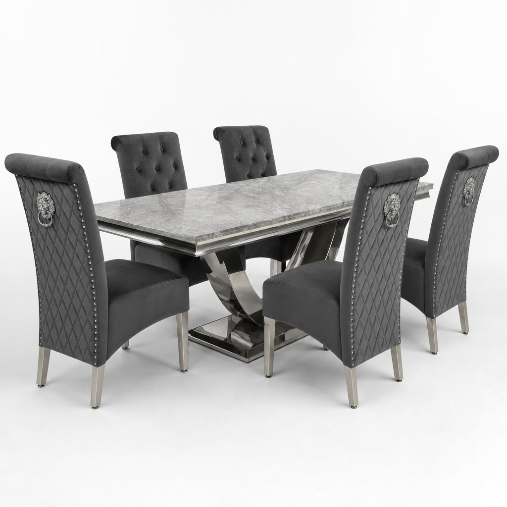 Ariel Grey Marble Dining Set with Lucy Dark Grey Velvet Chairs - studio