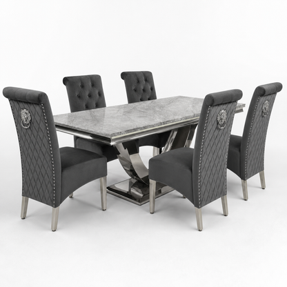 Ariel Grey Marble Dining Set with Lucy Dark Grey Velvet Chairs - studio