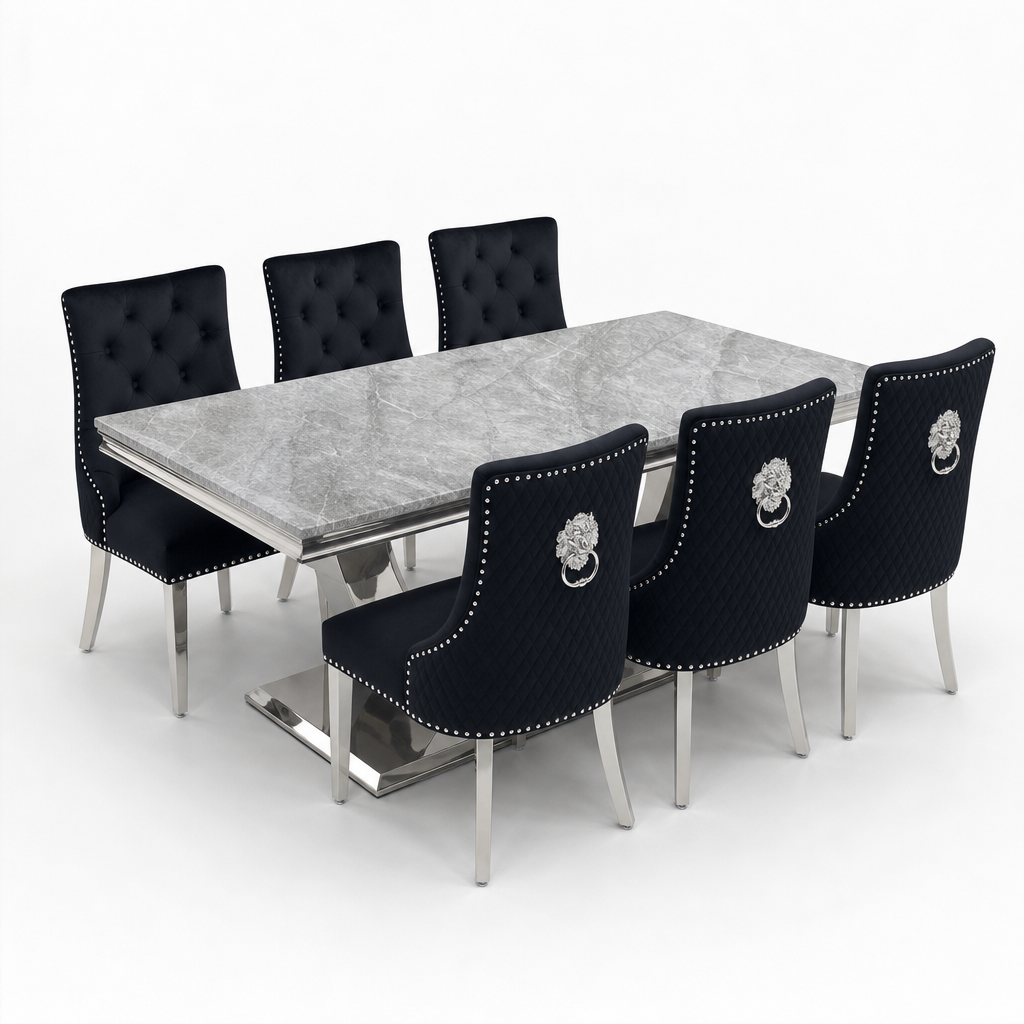 Ariel Grey Marble Dining Set with Majestic Black Velvet Chairs - studio