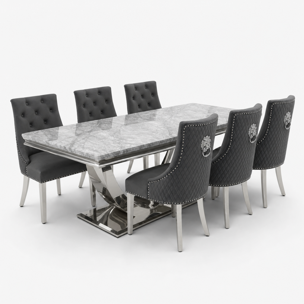 Ariel Grey Marble Dining Set with Majestic Dark Grey Velvet Chairs - studio