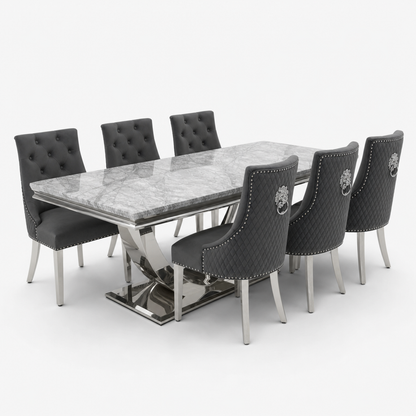 Ariel Grey Marble Dining Set with Majestic Dark Grey Velvet Chairs - studio