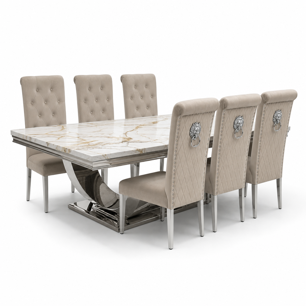 Ariel White Gold Marble Dining Set with Lucy Mink Velvet Chairs - studio