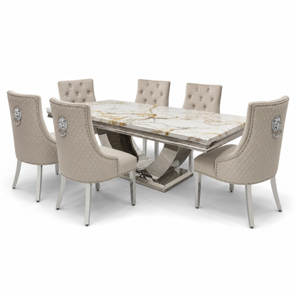 Ariel White Gold Marble Dining Set with Majestic Mink Velvet Chairs - studio