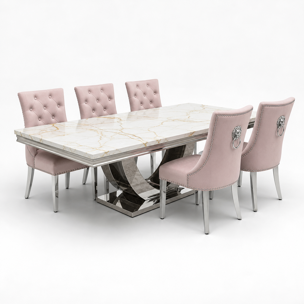 Ariel White Gold Marble Dining Set with Majestic Pink Velvet Chairs - studio