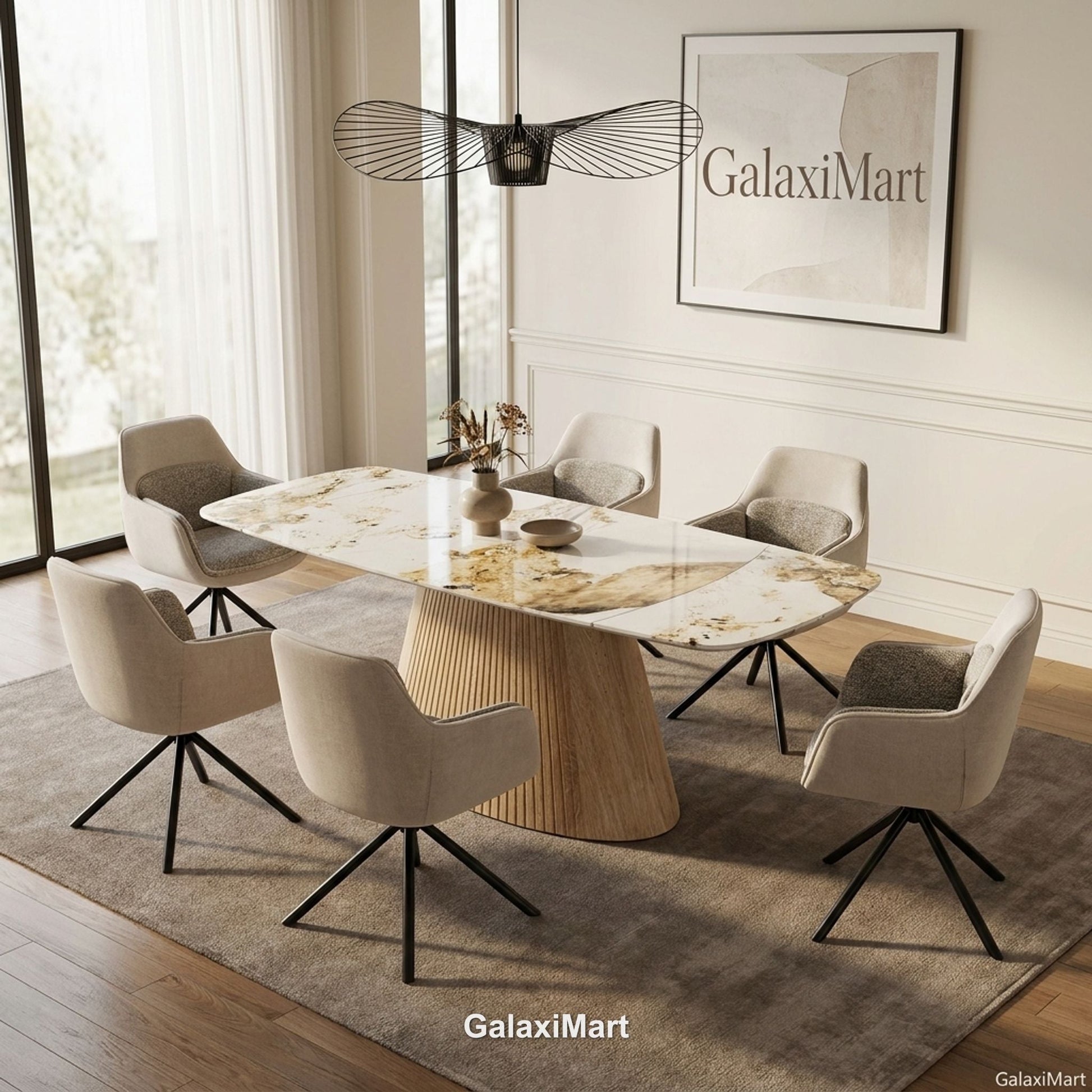 Monaco Beige Extendable Dining Set with Carpi Beige Swivel Chairs - 6 chair set