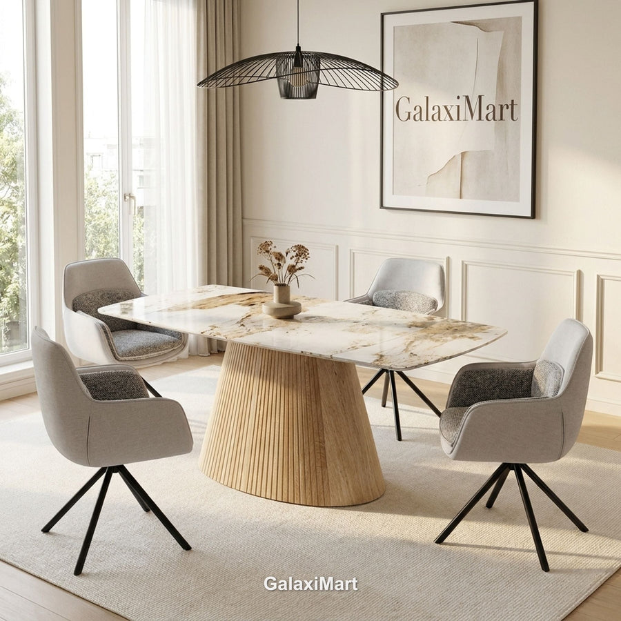 Monaco Extendable Dining Table – Beige with Carpi Grey Swivel Chairs