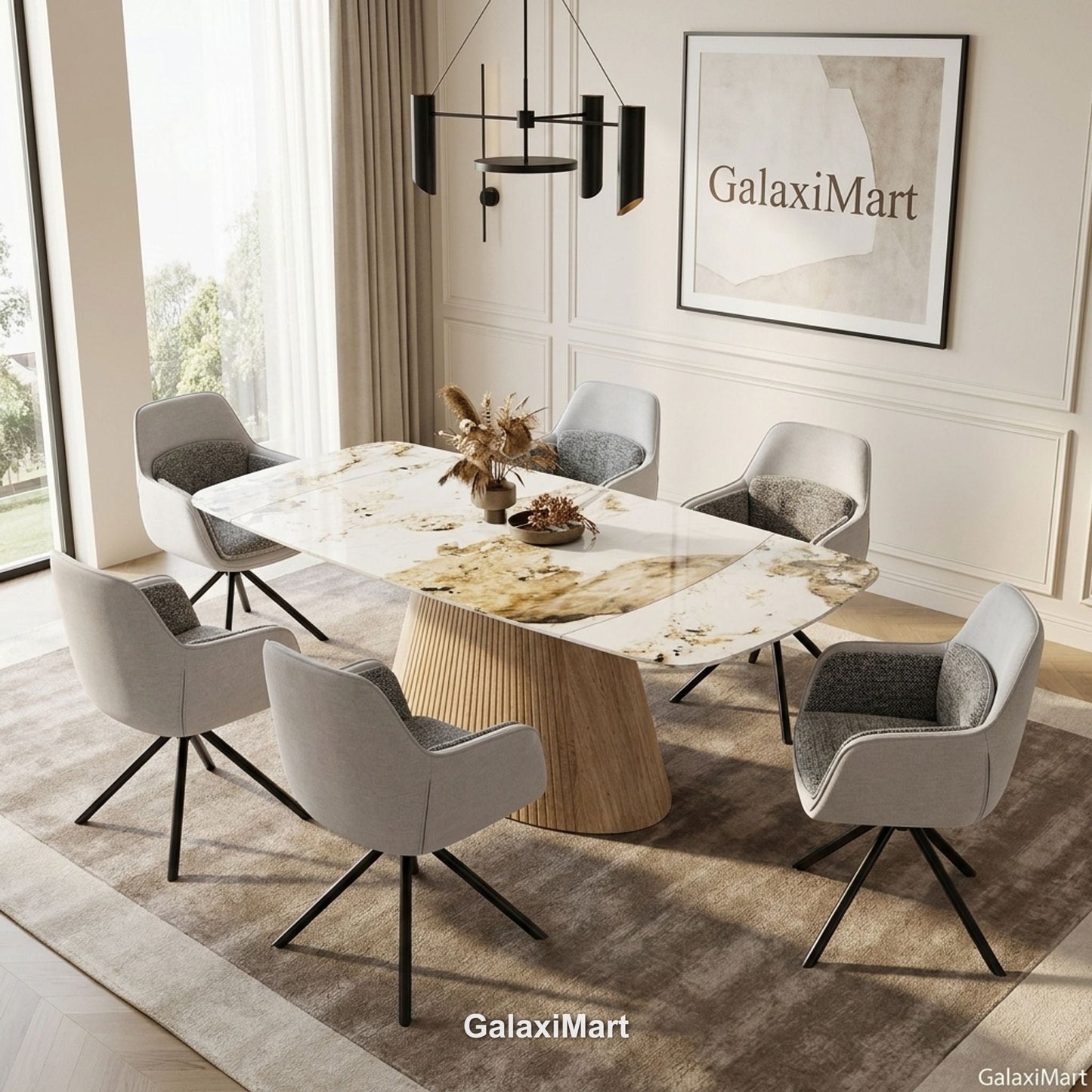 Monaco Beige Extendable Dining Set with Carpi Grey Swivel Chairs