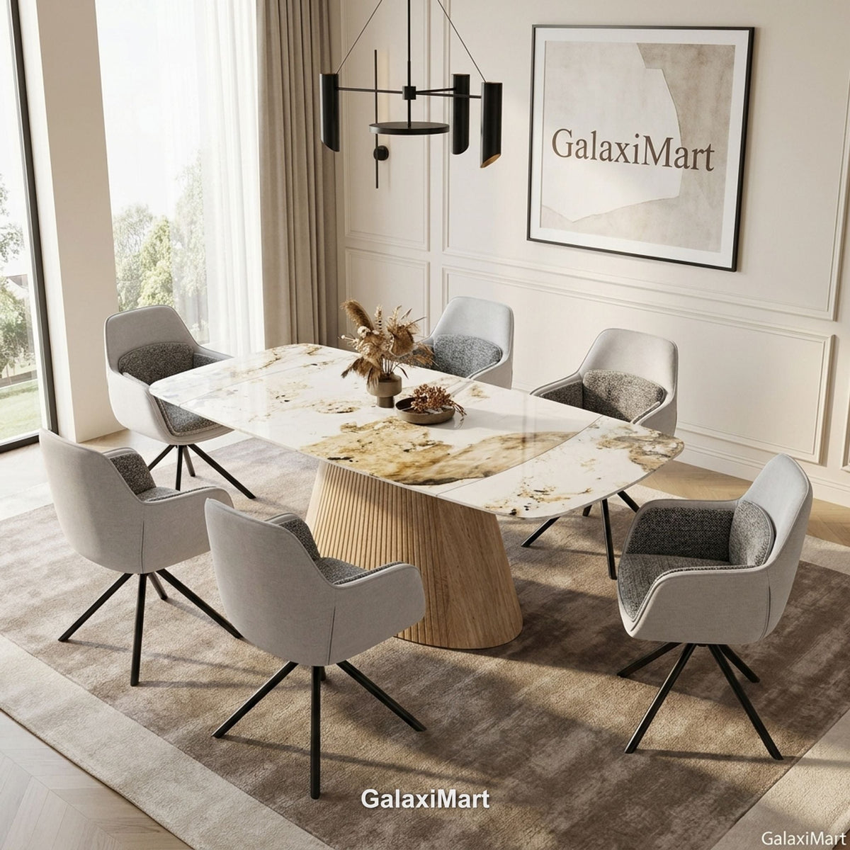Monaco Beige Extendable Dining Set with Carpi Grey Swivel Chairs