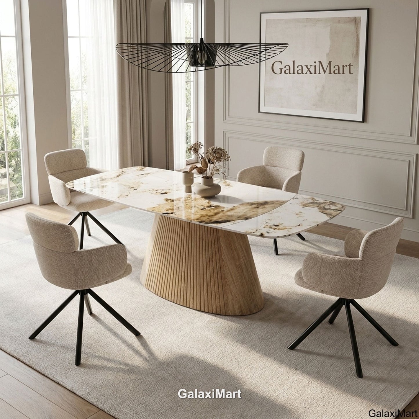 Monaco Beige Extendable Dining Set with Tunscay Beige Swivel Chairs - room scene