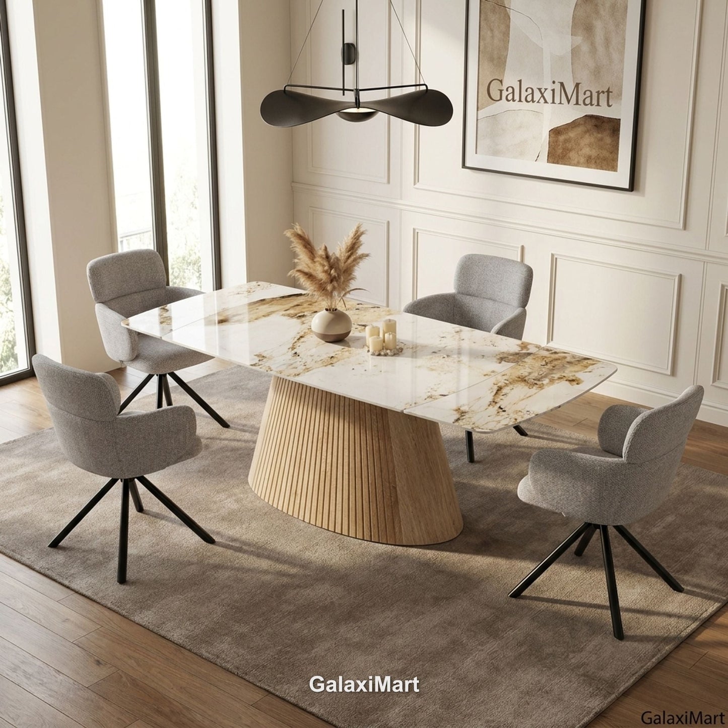 Monaco Beige Extendable Dining Set with Tunscay Grey Swivel Chairs