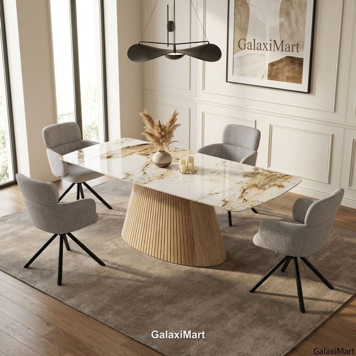 Monaco Beige Extendable Dining Set with Tunscay Grey Swivel Chairs