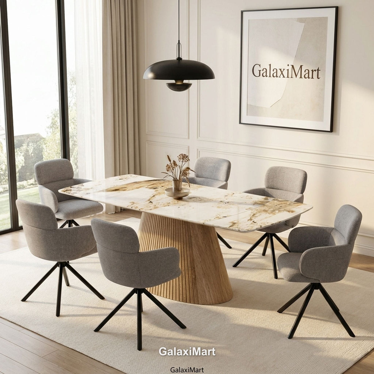 Monaco Beige Extendable Dining Set with Tunscay Grey Swivel Chairs - 6 chair set