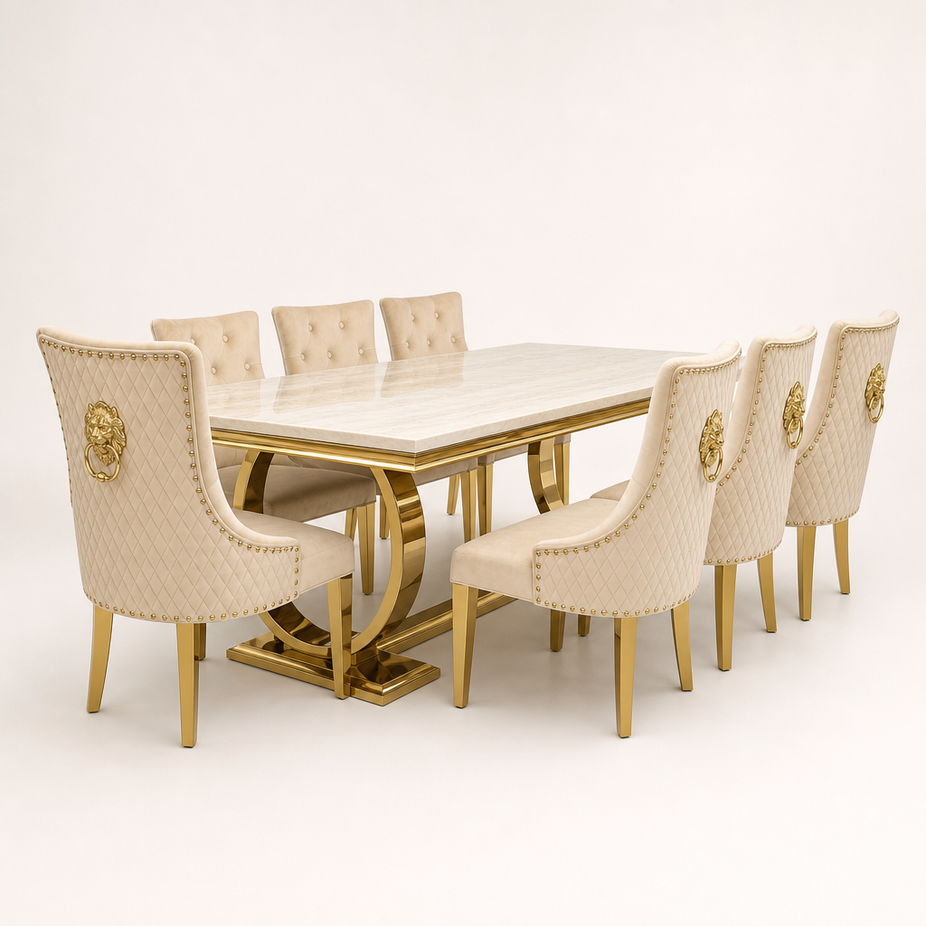 Ariana cream gold marble dining set with Majestic mink velvet chairs and gold legs - studio