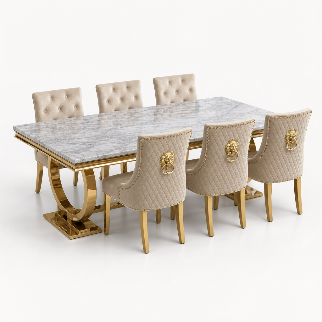 Ariana grey gold marble dining set with Majestic mink velvet chairs and gold legs - studio