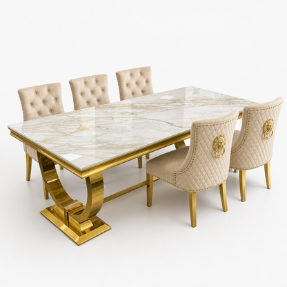 Ariana Kata gold marble dining set with Majestic mink velvet chairs and gold legs