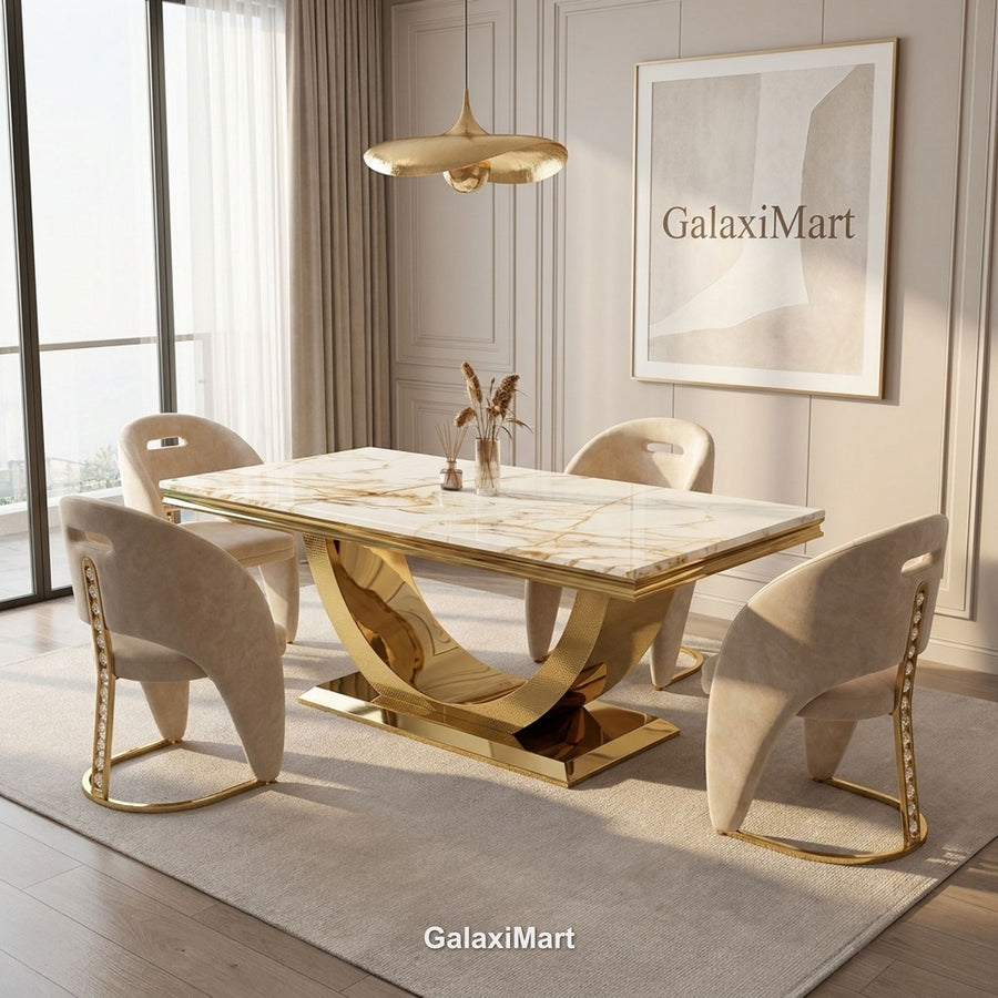 London Dining Table – Gold with Crystal Gold Chairs