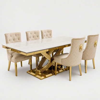 Elina Cream Gold Marble Dining Set with Majestic Mink Velvet Chairs with Gold Legs - studio