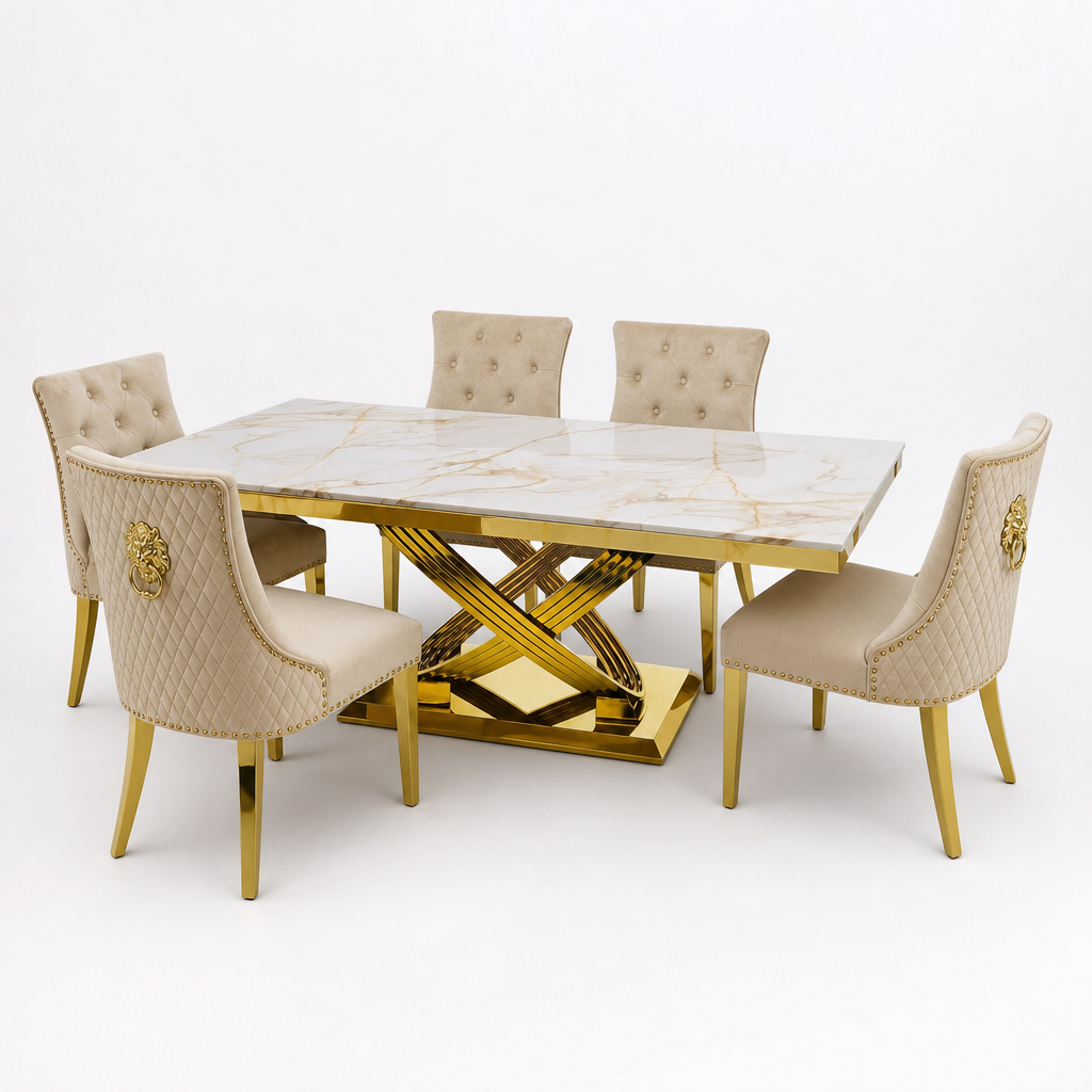 Elina White Gold Marble Dining Set with Majestic Mink Velvet Chairs with Gold Legs