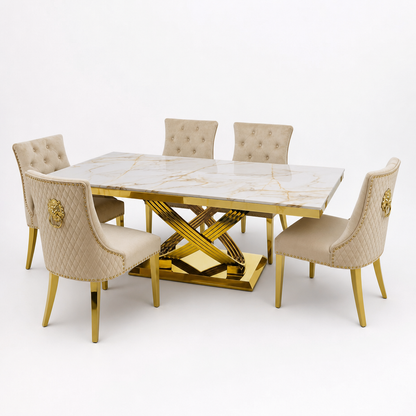 Elina White Gold Marble Dining Set with Majestic Mink Velvet Chairs with Gold Legs