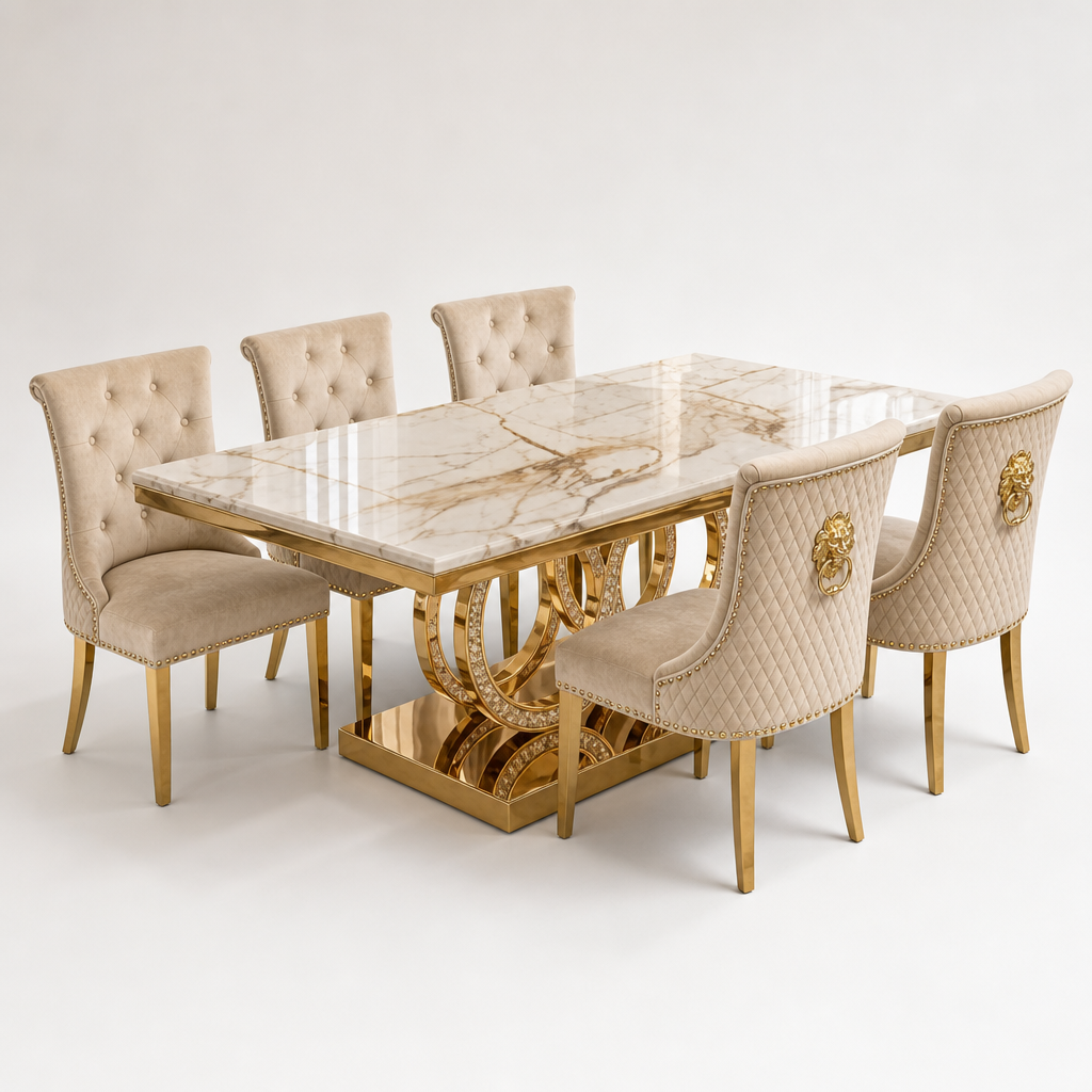 Infinity Gold Marble Dining Set with Majestic Mink Velvet Chairs with Gold Legs