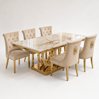 Infinity Gold Marble Dining Set with Majestic Mink Velvet Chairs with Gold Legs
