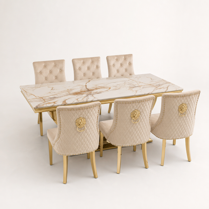London Gold Marble Dining Set with Majestic Mink Velvet Chairs with Gold Legs