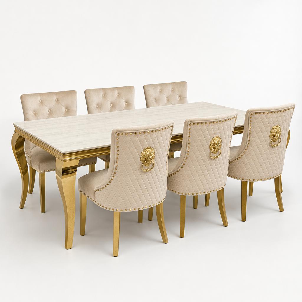 Louis Cream Gold Marble Dining Set with Majestic Mink Velvet Chairs with Gold Legs