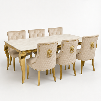Louis Cream Gold Marble Dining Set with Majestic Mink Velvet Chairs with Gold Legs