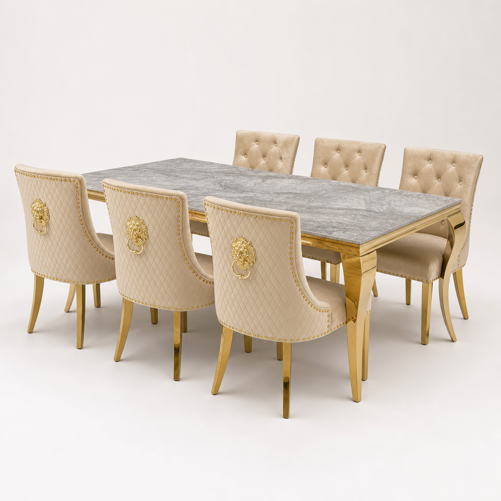 Louis Grey Gold Marble Dining Set with Majestic Mink Velvet Chairs with Gold Legs