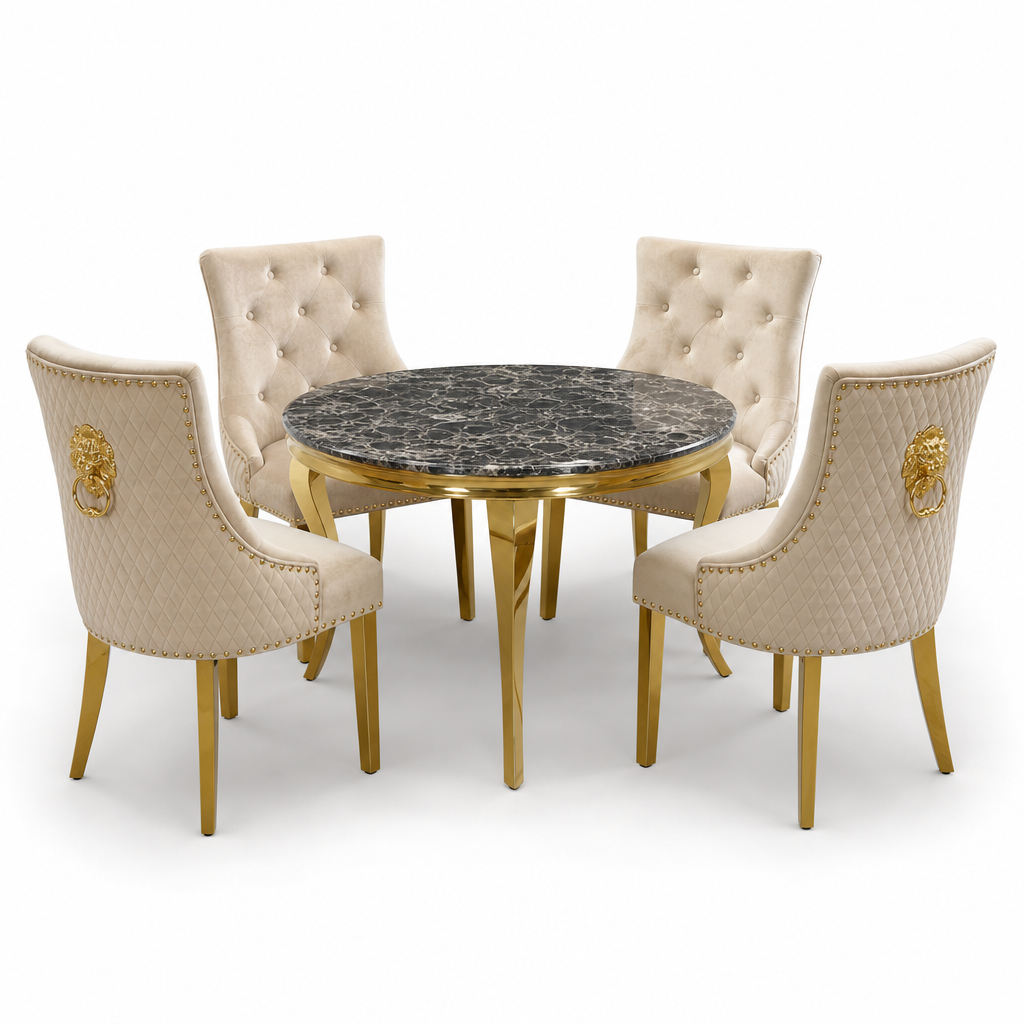 Louis Black Gold Marble Round Dining Set with Majestic Mink Velvet Chairs with Gold Legs - studio