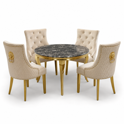 Louis Black Gold Marble Round Dining Set with Majestic Mink Velvet Chairs with Gold Legs - studio