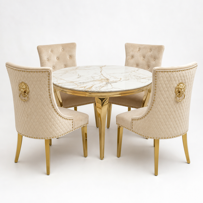 Louis White Gold Marble Round Dining Set with Majestic Mink Velvet Chairs with Gold Legs - studio