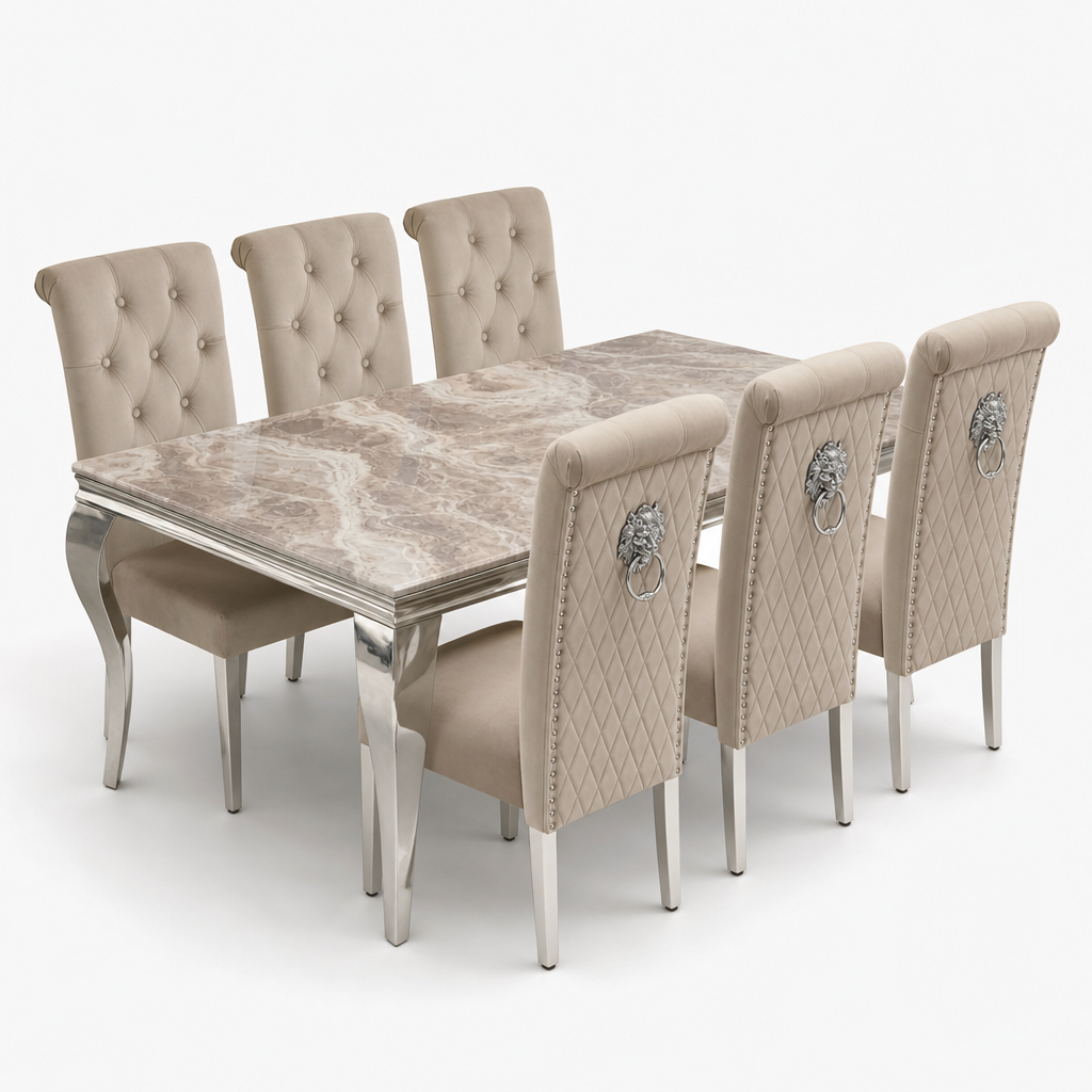 Louis Beige Marble Dining Set with Lucy Mink Velvet Chairs
