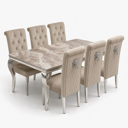 Louis Beige Marble Dining Set with Lucy Mink Velvet Chairs